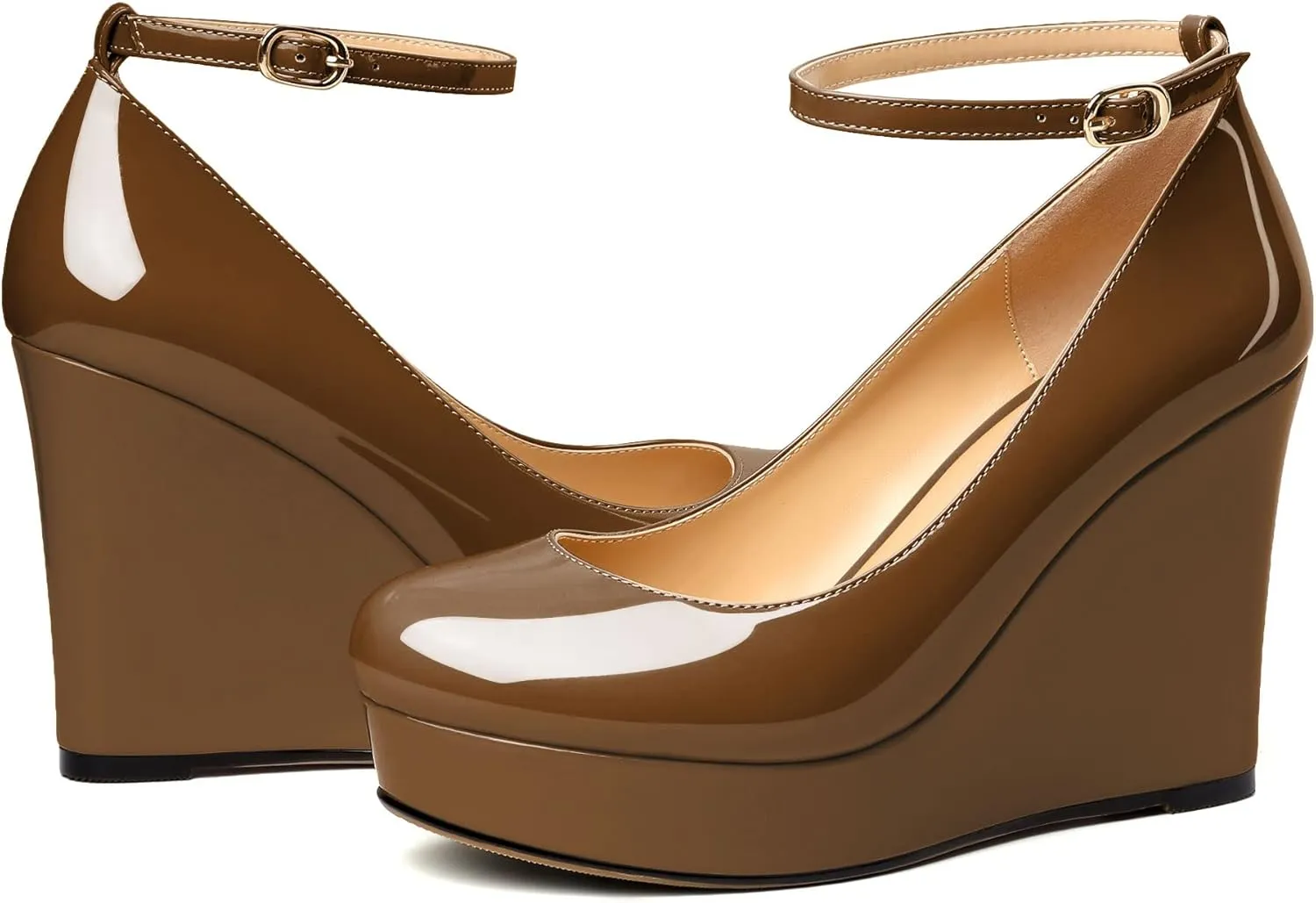 AUMOTED Women's Platform Wedges Heels Pumps Closed Round Toe Buckle Ankle Strap Patent Heels Shoes for Ladies Casual Dress 4 Inch High Heels