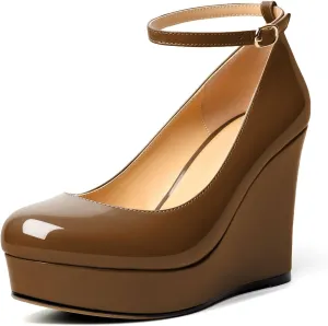 AUMOTED Women's Platform Wedges Heels Pumps Closed Round Toe Buckle Ankle Strap Patent Heels Shoes for Ladies Casual Dress 4 Inch High Heels