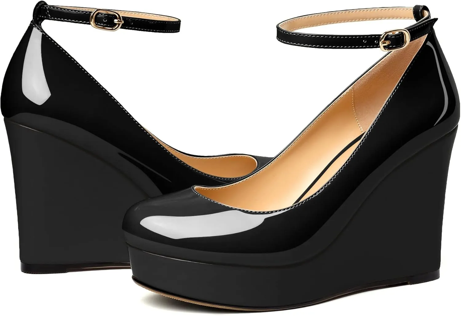 AUMOTED Women's Platform Wedges Heels Pumps Closed Round Toe Buckle Ankle Strap Patent Heels Shoes for Ladies Casual Dress 4 Inch High Heels