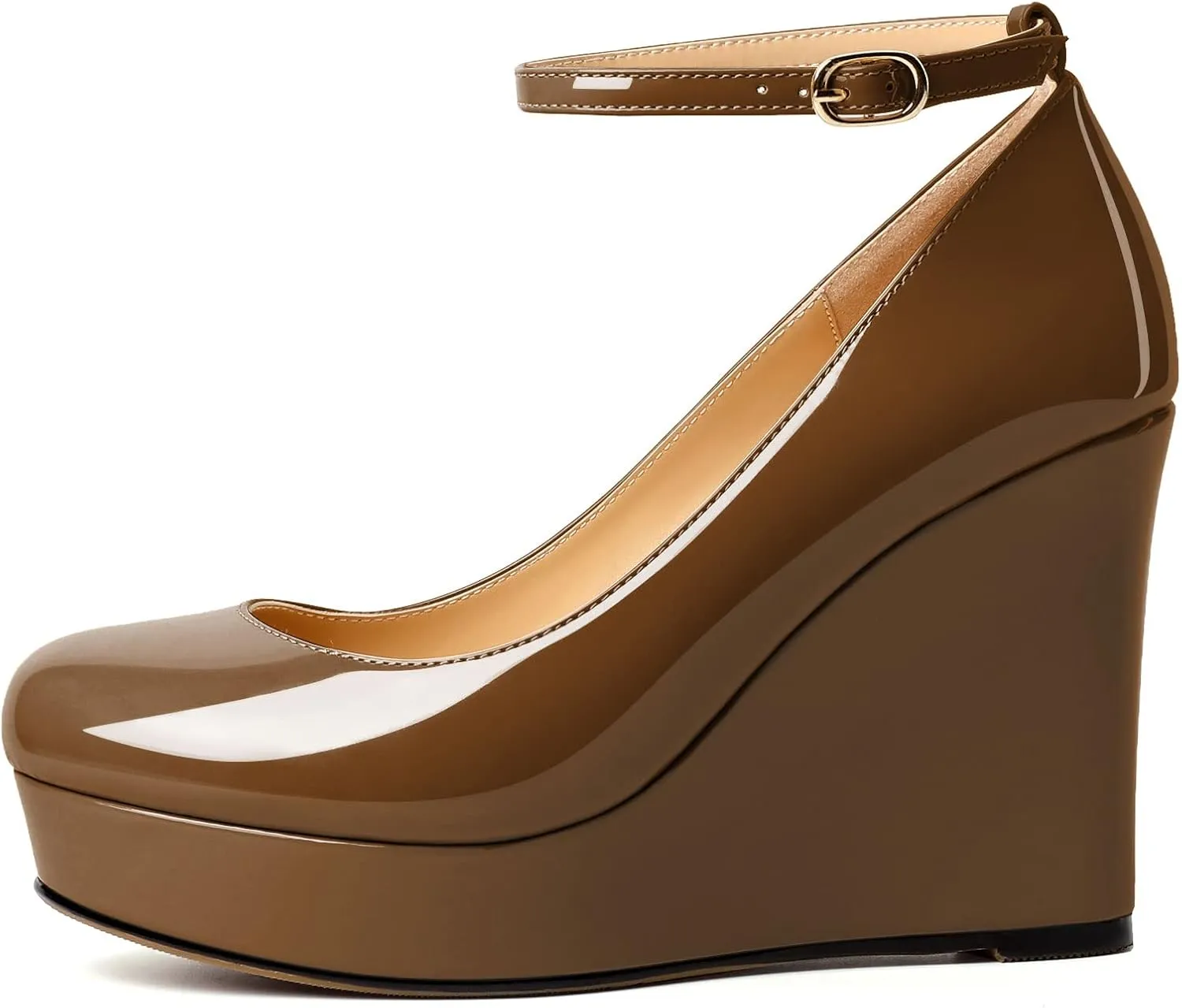 AUMOTED Women's Platform Wedges Heels Pumps Closed Round Toe Buckle Ankle Strap Patent Heels Shoes for Ladies Casual Dress 4 Inch High Heels