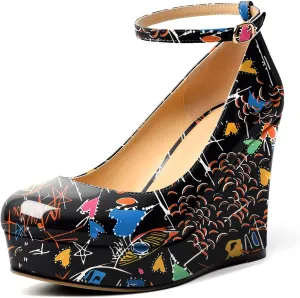AUMOTED Women's Platform Wedges Heels Pumps Closed Round Toe Buckle Ankle Strap Patent Heels Shoes for Ladies Casual Dress 4 Inch High Heels