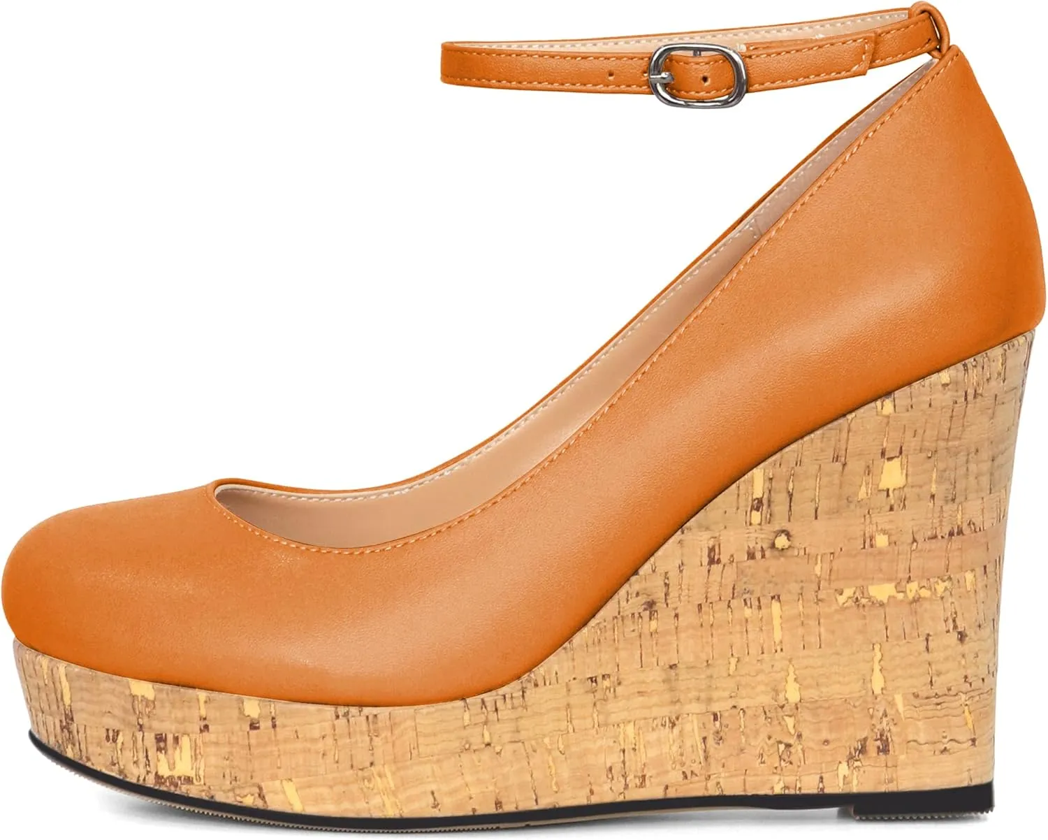 AUMOTED Women's Platform Wedges High Heels Pumps Closed Round Toe Buckle Ankle Strap Suede Heels Shoes for Ladies Casual Dress 3.93 Inch High Heeled