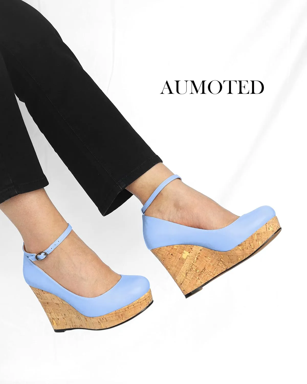 AUMOTED Women's Platform Wedges High Heels Pumps Closed Round Toe Buckle Ankle Strap Suede Heels Shoes for Ladies Casual Dress 3.93 Inch High Heeled
