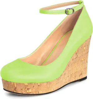 AUMOTED Women's Platform Wedges High Heels Pumps Closed Round Toe Buckle Ankle Strap Suede Heels Shoes for Ladies Casual Dress 3.93 Inch High Heeled