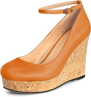 AUMOTED Women's Platform Wedges High Heels Pumps Closed Round Toe Buckle Ankle Strap Suede Heels Shoes for Ladies Casual Dress 3.93 Inch High Heeled