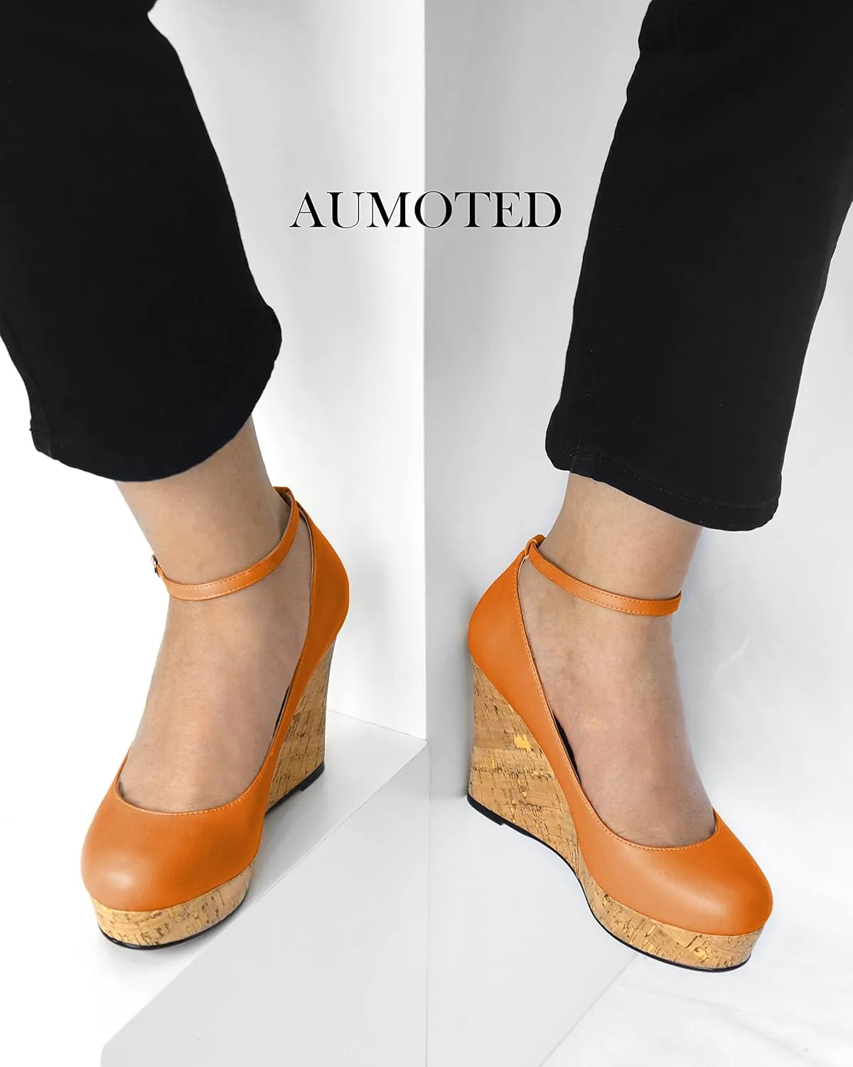 AUMOTED Women's Platform Wedges High Heels Pumps Closed Round Toe Buckle Ankle Strap Suede Heels Shoes for Ladies Casual Dress 3.93 Inch High Heeled