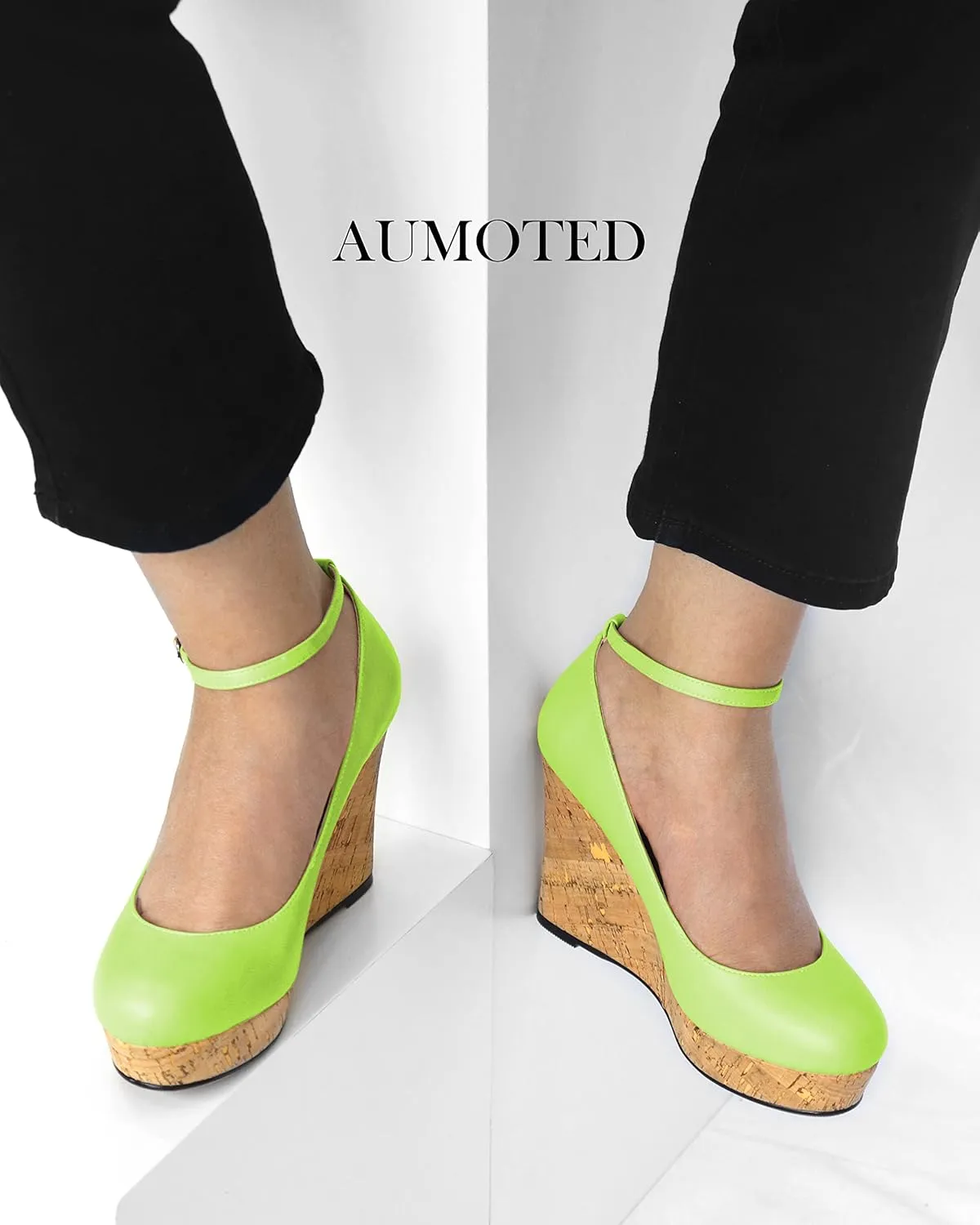AUMOTED Women's Platform Wedges High Heels Pumps Closed Round Toe Buckle Ankle Strap Suede Heels Shoes for Ladies Casual Dress 3.93 Inch High Heeled