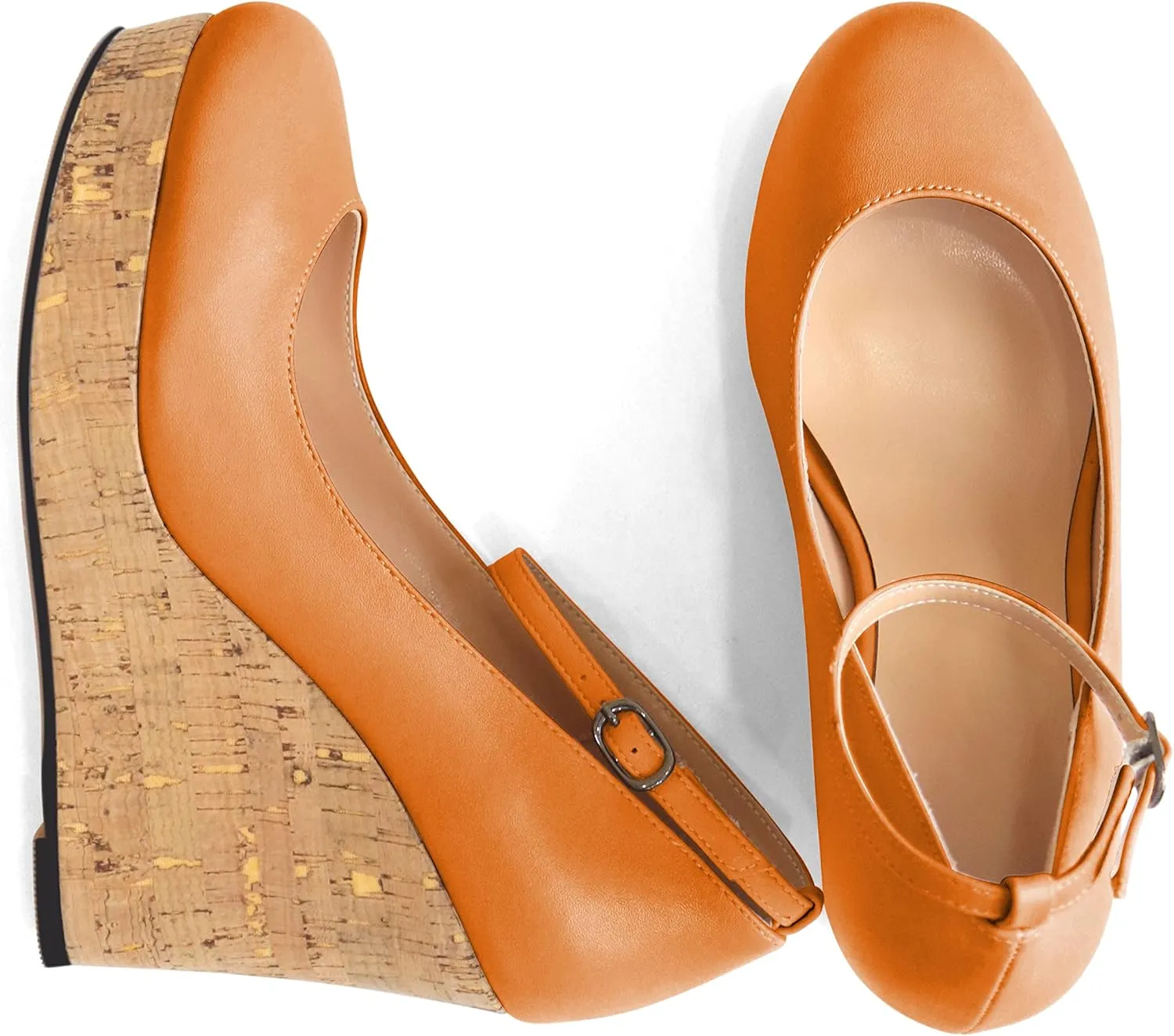 AUMOTED Women's Platform Wedges High Heels Pumps Closed Round Toe Buckle Ankle Strap Suede Heels Shoes for Ladies Casual Dress 3.93 Inch High Heeled