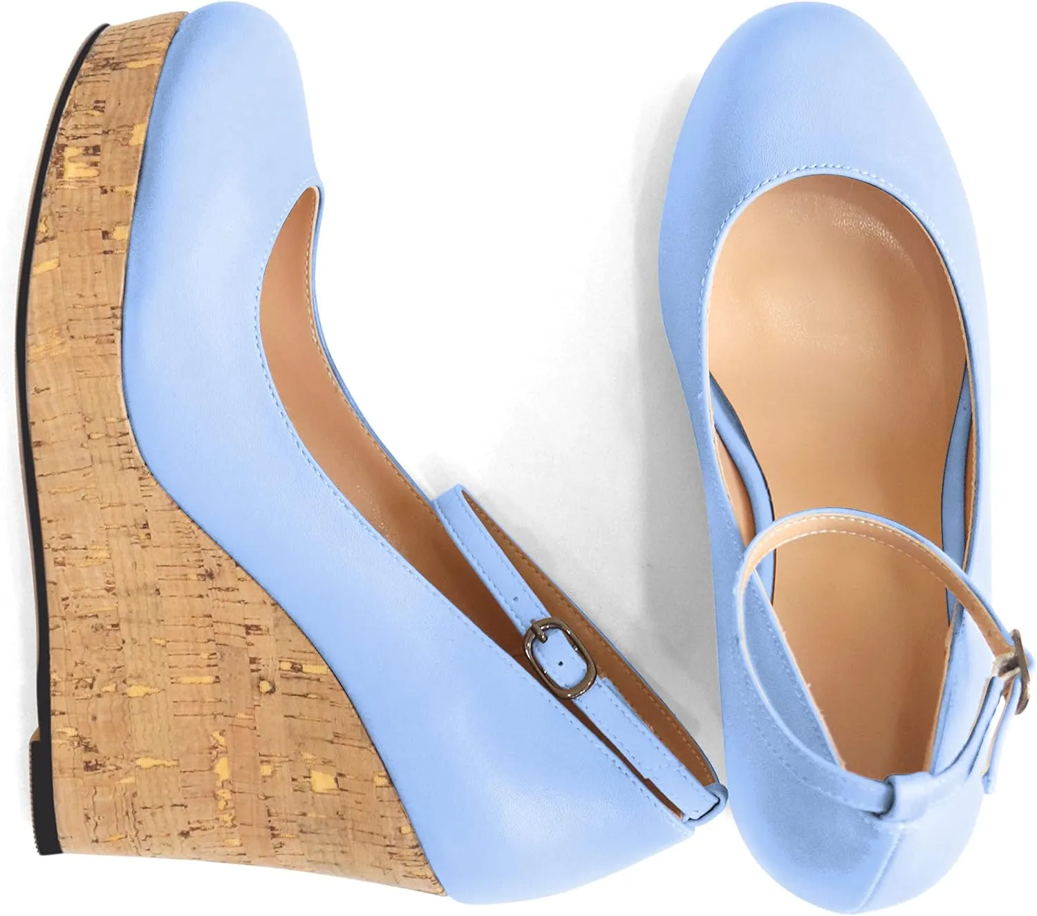 AUMOTED Women's Platform Wedges High Heels Pumps Closed Round Toe Buckle Ankle Strap Suede Heels Shoes for Ladies Casual Dress 3.93 Inch High Heeled
