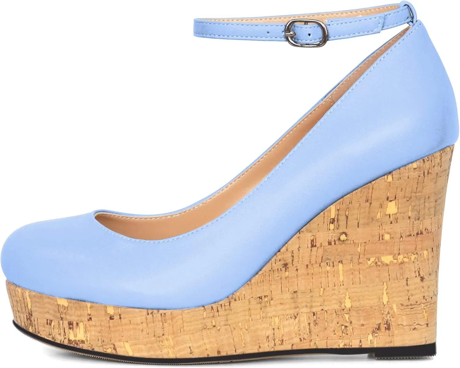 AUMOTED Women's Platform Wedges High Heels Pumps Closed Round Toe Buckle Ankle Strap Suede Heels Shoes for Ladies Casual Dress 3.93 Inch High Heeled