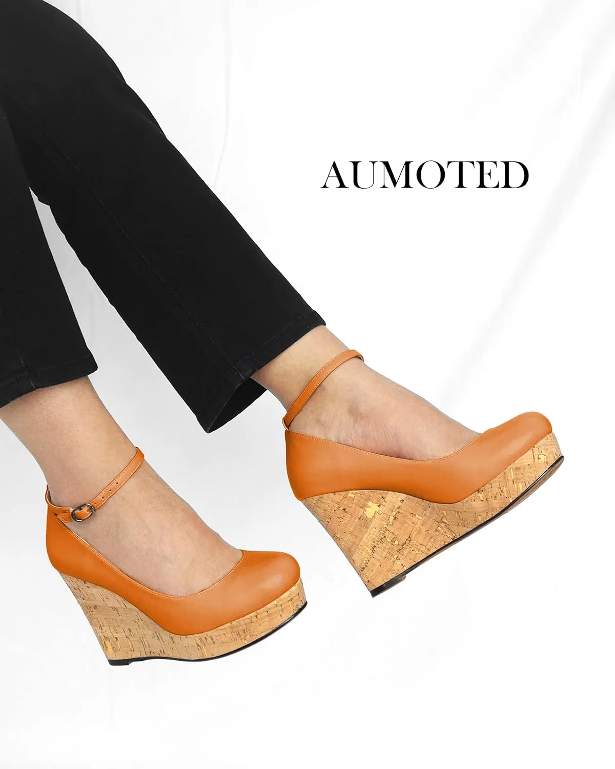 AUMOTED Women's Platform Wedges High Heels Pumps Closed Round Toe Buckle Ankle Strap Suede Heels Shoes for Ladies Casual Dress 3.93 Inch High Heeled