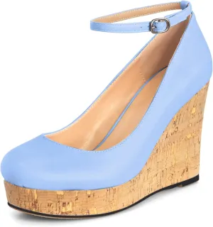 AUMOTED Women's Platform Wedges High Heels Pumps Closed Round Toe Buckle Ankle Strap Suede Heels Shoes for Ladies Casual Dress 3.93 Inch High Heeled