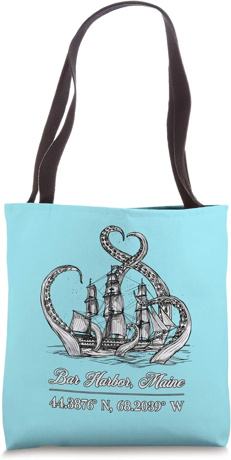 Bar Harbor, Maine Nautical Coordinates Boat Octopus Tote Bag