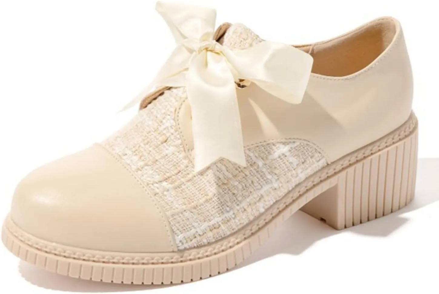 bbruriy Women's Chunky Heel Loafers Color Block Leather Chunky Loafers Leather Shoes with Lace Up British Style Shoes Plus Size