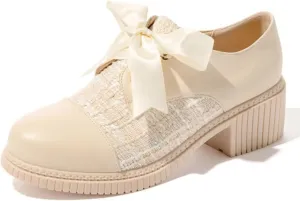bbruriy Women's Chunky Heel Loafers Color Block Leather Chunky Loafers Leather Shoes with Lace Up British Style Shoes Plus Size