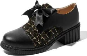 bbruriy Women's Chunky Heel Loafers Color Block Leather Chunky Loafers Leather Shoes with Lace Up British Style Shoes Plus Size