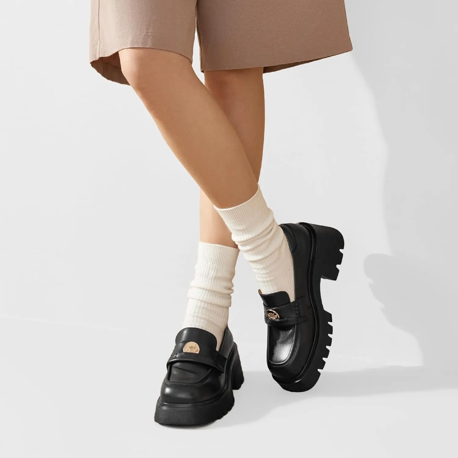 BEAU TODAY Chunky Loafers Women,Patent Leather Platform Loafers for Women,Lug Sole Slip On Penny Shoes,Comfortable Work Office Business Casual Dress Shoes