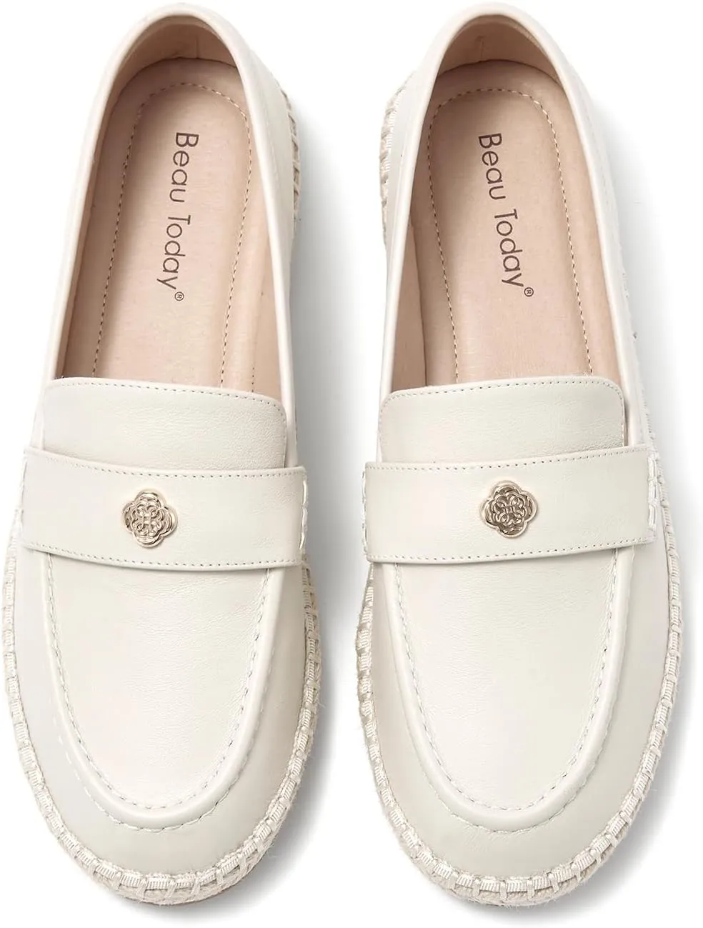 BEAU TODAY Loafers for Women, Classic Womens Penny Loafers, Casual Slip-on Leather Loafers Women, Breathable Lightweight Handmade Work Flats for Women Beige US 6.5
