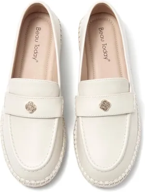 BEAU TODAY Loafers for Women, Classic Womens Penny Loafers, Casual Slip-on Leather Loafers Women, Breathable Lightweight Handmade Work Flats for Women Beige US 6.5