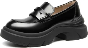 BEAU TODAY Womens Fashion Platform Loafers, Comfort Slip-on Leather Loafers with Chunky Heel, Round Toe Business Work Shoes