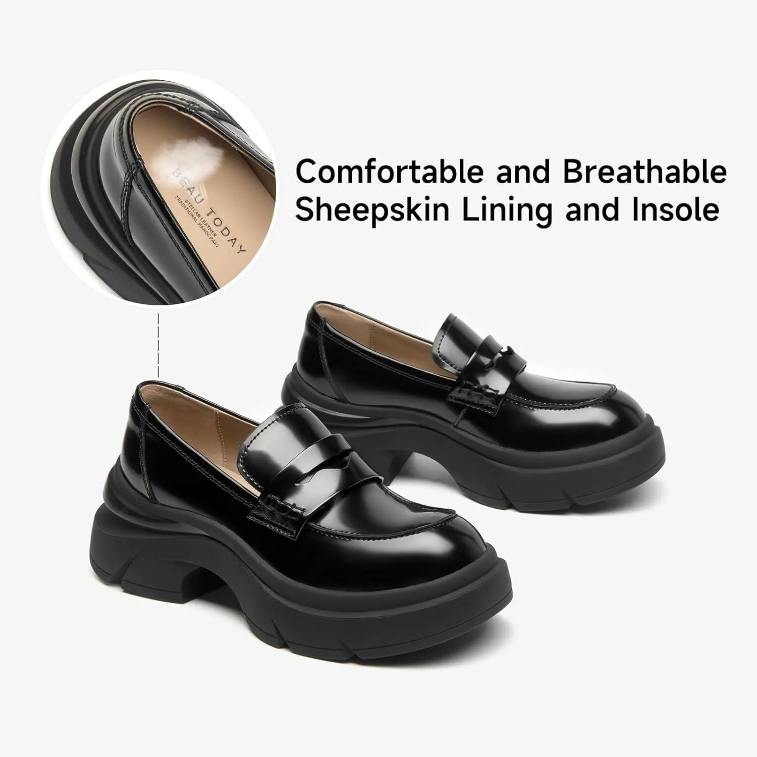 BEAU TODAY Womens Fashion Platform Loafers, Comfort Slip-on Leather Loafers with Chunky Heel, Round Toe Business Work Shoes