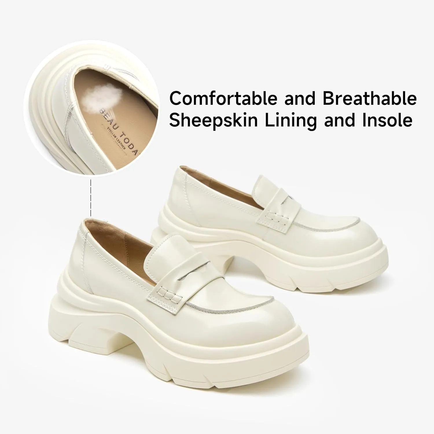 BEAU TODAY Womens Fashion Platform Loafers, Comfort Slip-on Leather Loafers with Chunky Heel, Round Toe Business Work Shoes