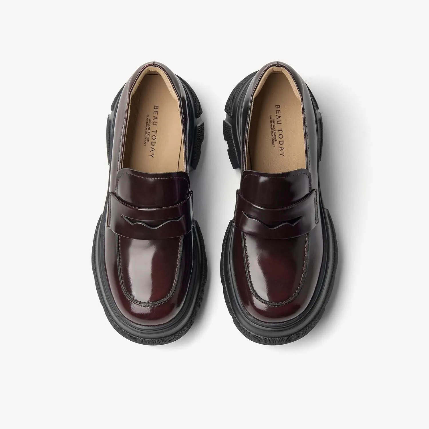 BEAU TODAY Womens Fashion Platform Loafers, Comfort Slip-on Leather Loafers with Chunky Heel, Round Toe Business Work Shoes