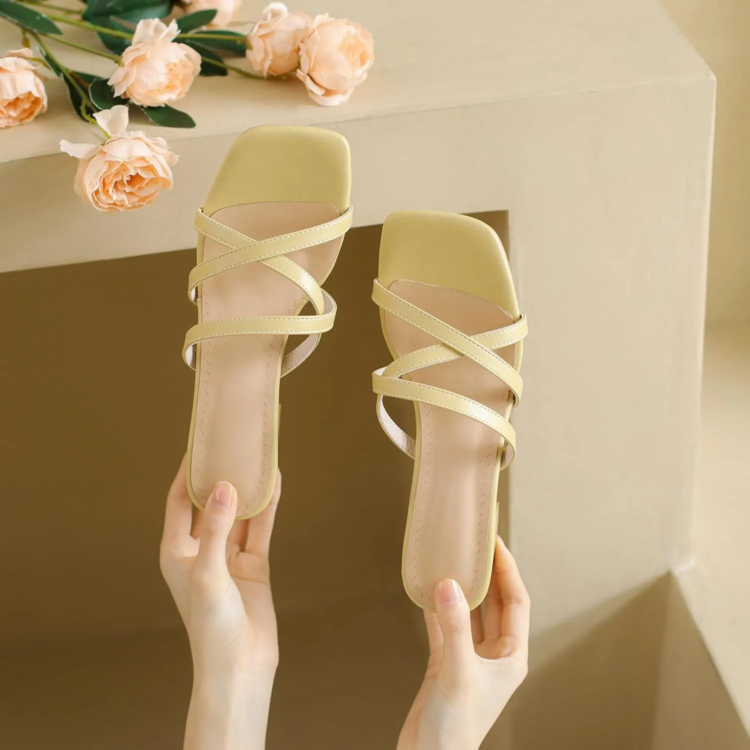 BEAUPAS Square Toe Strappy Heels Chunky Heel Mules Slingback Block Heel Backless Open Toe Slip On Heeled Sandals Slides for Women