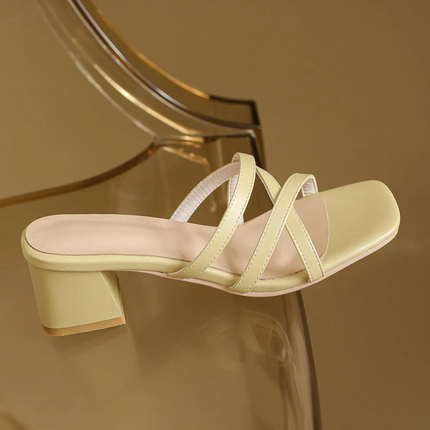 BEAUPAS Square Toe Strappy Heels Chunky Heel Mules Slingback Block Heel Backless Open Toe Slip On Heeled Sandals Slides for Women