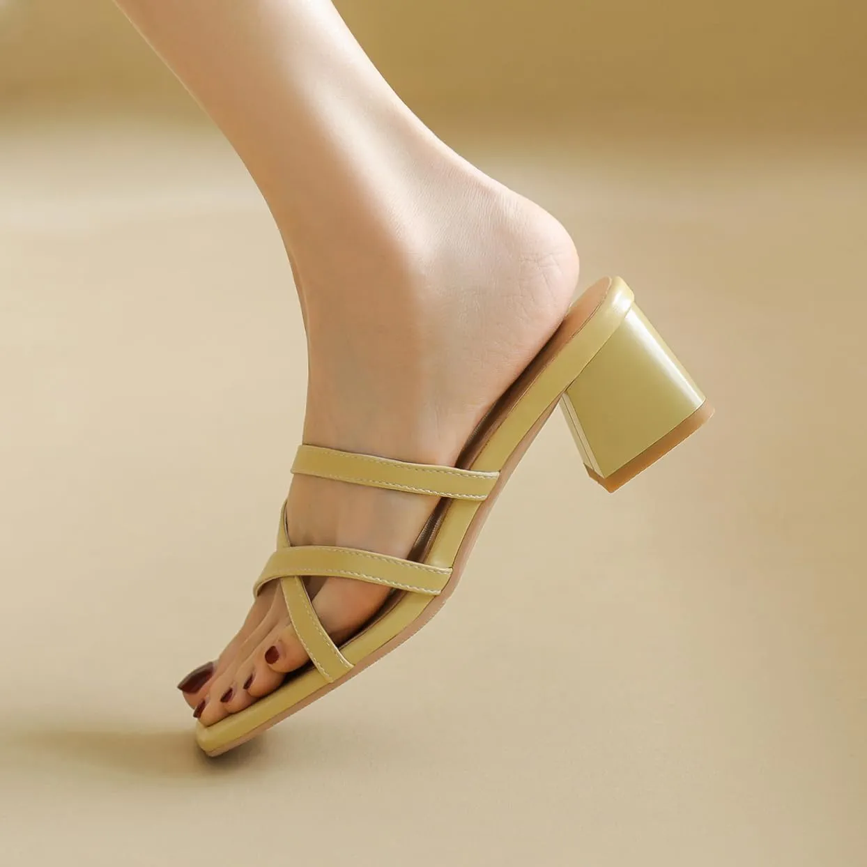 BEAUPAS Square Toe Strappy Heels Chunky Heel Mules Slingback Block Heel Backless Open Toe Slip On Heeled Sandals Slides for Women