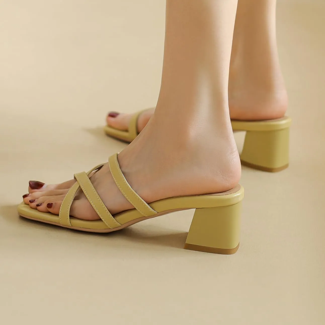 BEAUPAS Square Toe Strappy Heels Chunky Heel Mules Slingback Block Heel Backless Open Toe Slip On Heeled Sandals Slides for Women