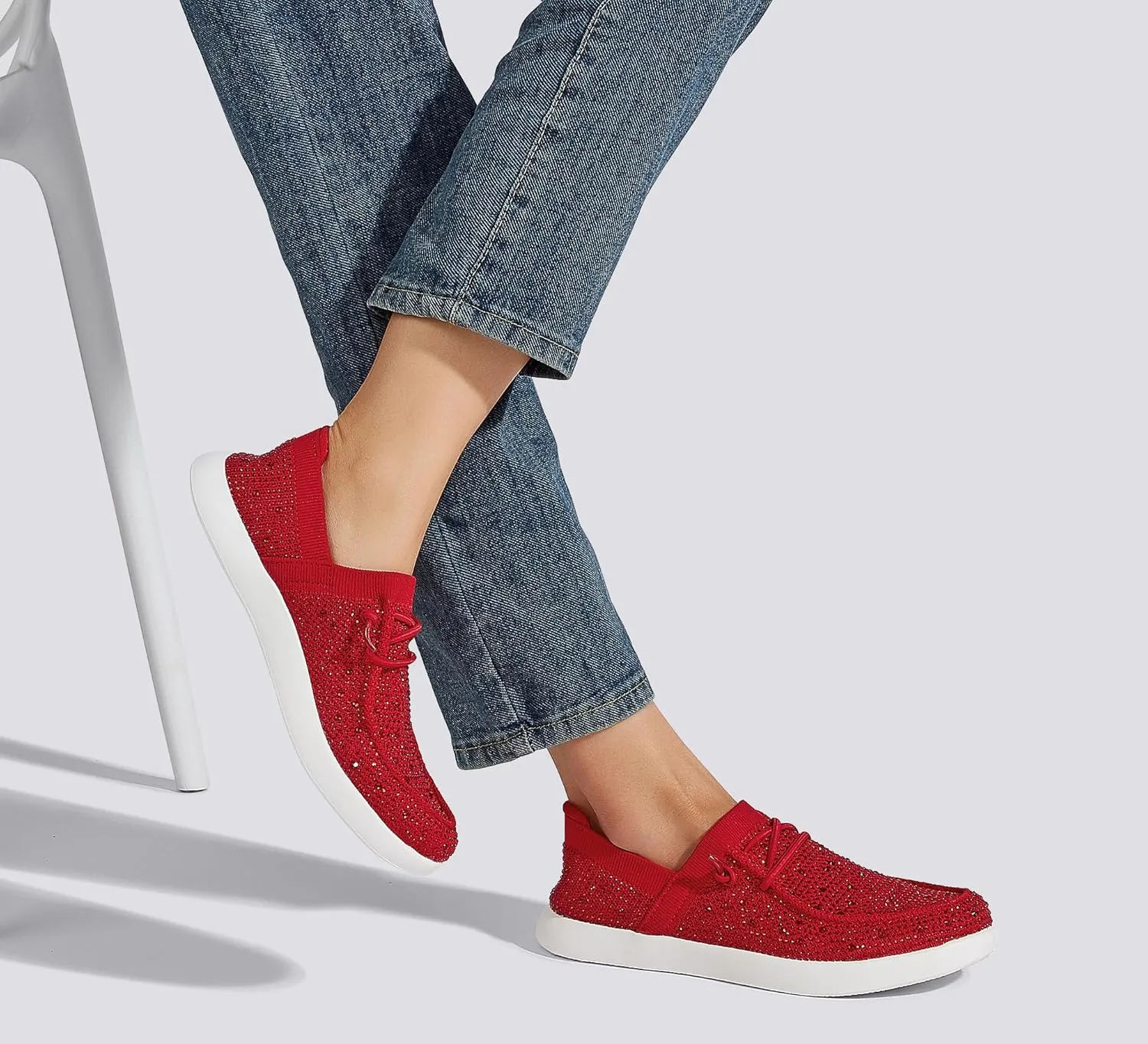 BELOS Women's Rhinestone Lace Up Loafers Shoes Comfortable Slip On Mesh Knit Walking Shoes Fashion Lightweight Sparkly Glitter Sneaker