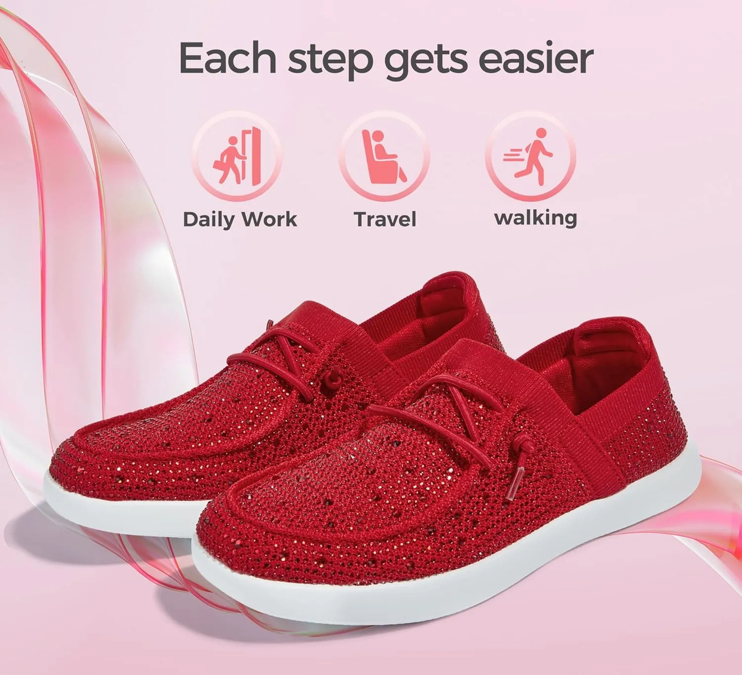 BELOS Women's Rhinestone Lace Up Loafers Shoes Comfortable Slip On Mesh Knit Walking Shoes Fashion Lightweight Sparkly Glitter Sneaker