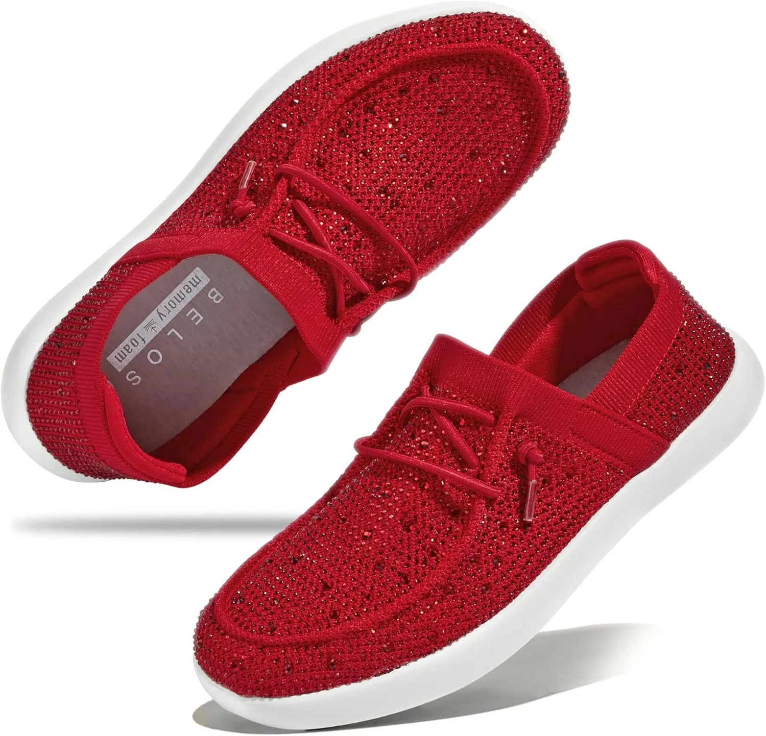 BELOS Women's Rhinestone Lace Up Loafers Shoes Comfortable Slip On Mesh Knit Walking Shoes Fashion Lightweight Sparkly Glitter Sneaker