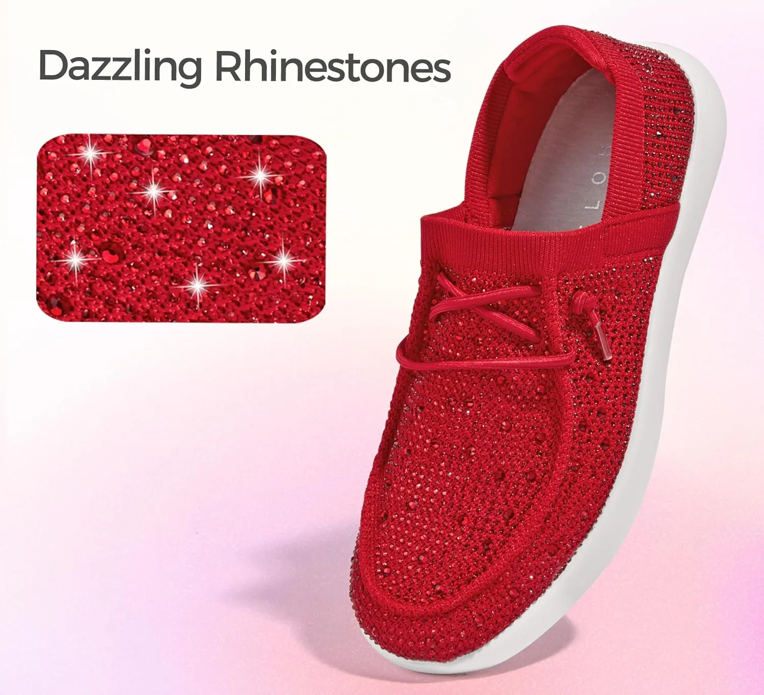 BELOS Women's Rhinestone Lace Up Loafers Shoes Comfortable Slip On Mesh Knit Walking Shoes Fashion Lightweight Sparkly Glitter Sneaker