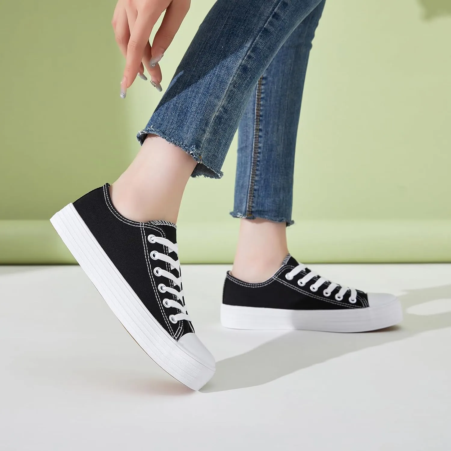 BENPAO Womens White Canvas Sneakers Casual Tennis Shoes for Women Black Fashion Sneakers Comfortable Low Top Walking Shoes