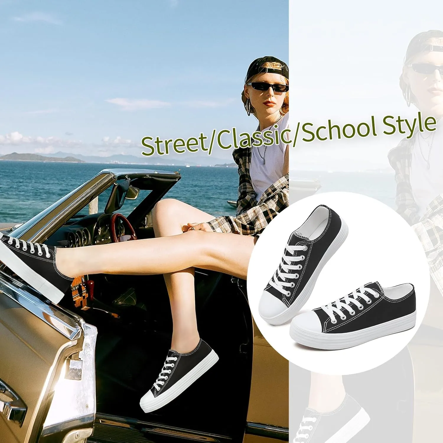 BENPAO Womens White Canvas Sneakers Casual Tennis Shoes for Women Black Fashion Sneakers Comfortable Low Top Walking Shoes