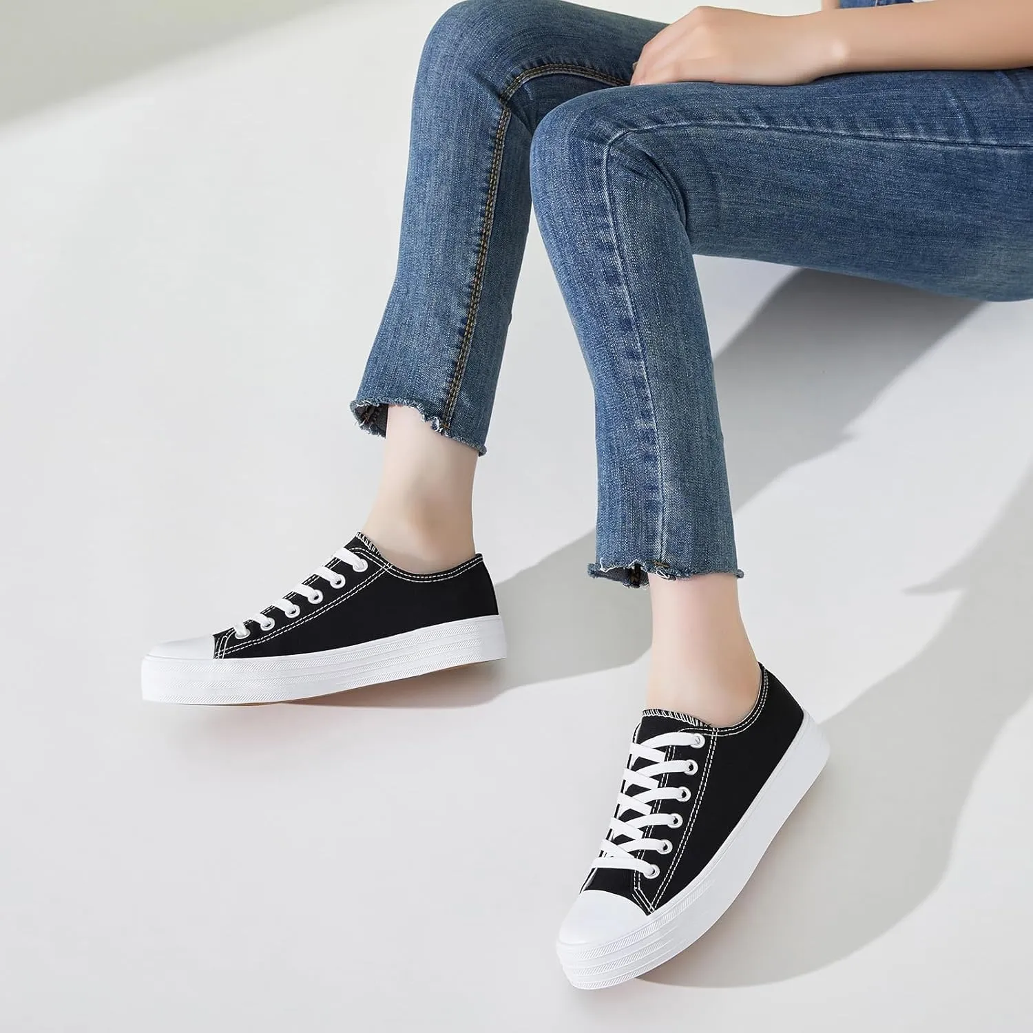 BENPAO Womens White Canvas Sneakers Casual Tennis Shoes for Women Black Fashion Sneakers Comfortable Low Top Walking Shoes