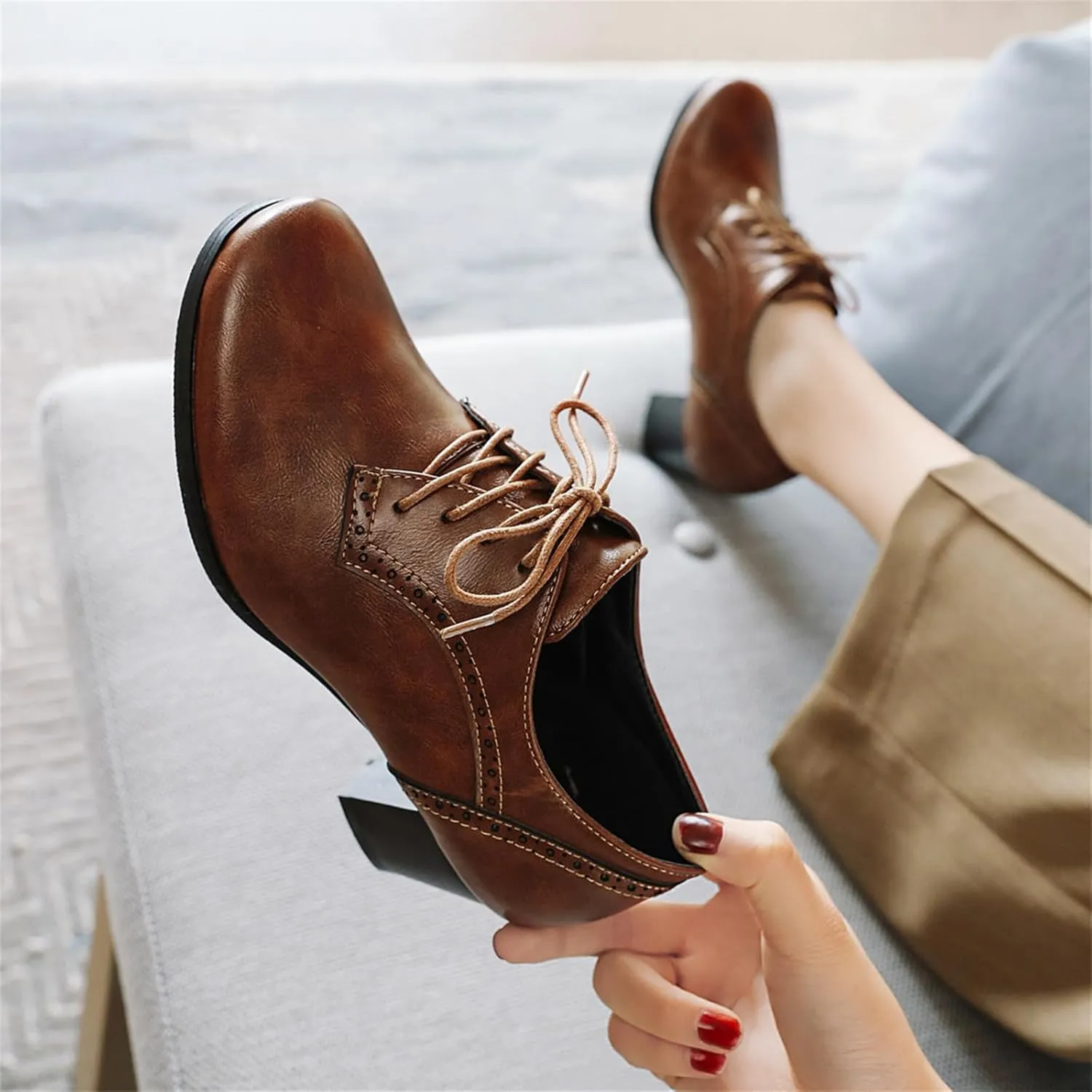 Betastella Women's Chunky Patent Leather Oxfords Platform High Heels Lace Up Pumps