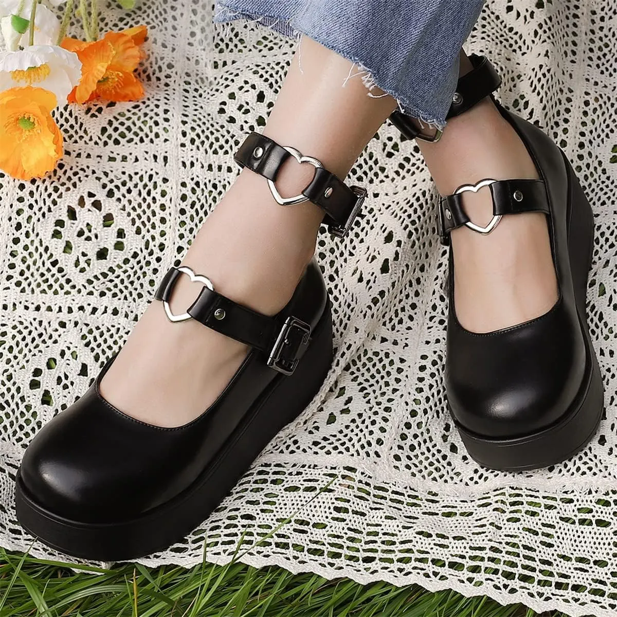Betastella Women's T Strap Platform Mary Janes Goth Wedge Wingtips Vintage Gothic Shoes