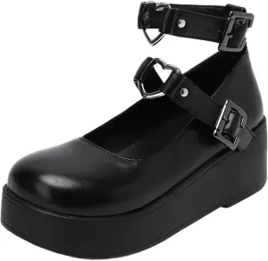 Betastella Women's T Strap Platform Mary Janes Goth Wedge Wingtips Vintage Gothic Shoes