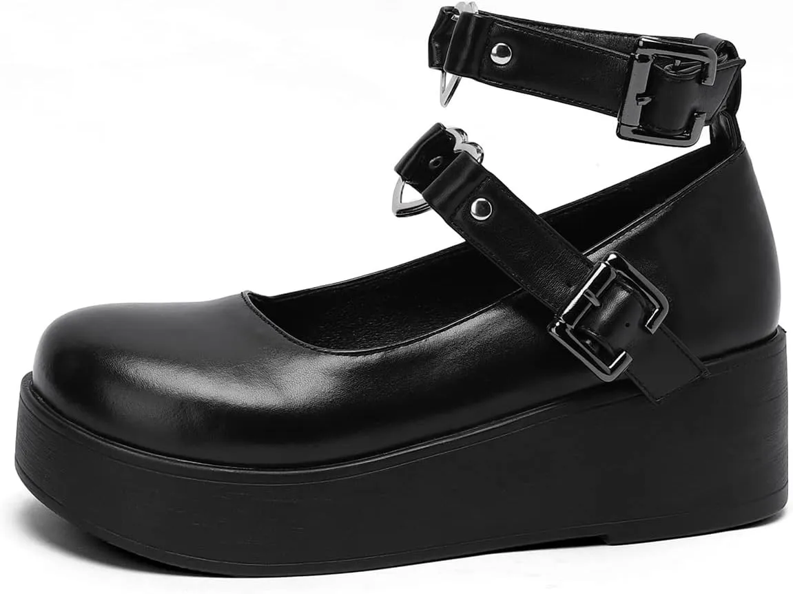 Betastella Women's T Strap Platform Mary Janes Goth Wedge Wingtips Vintage Gothic Shoes