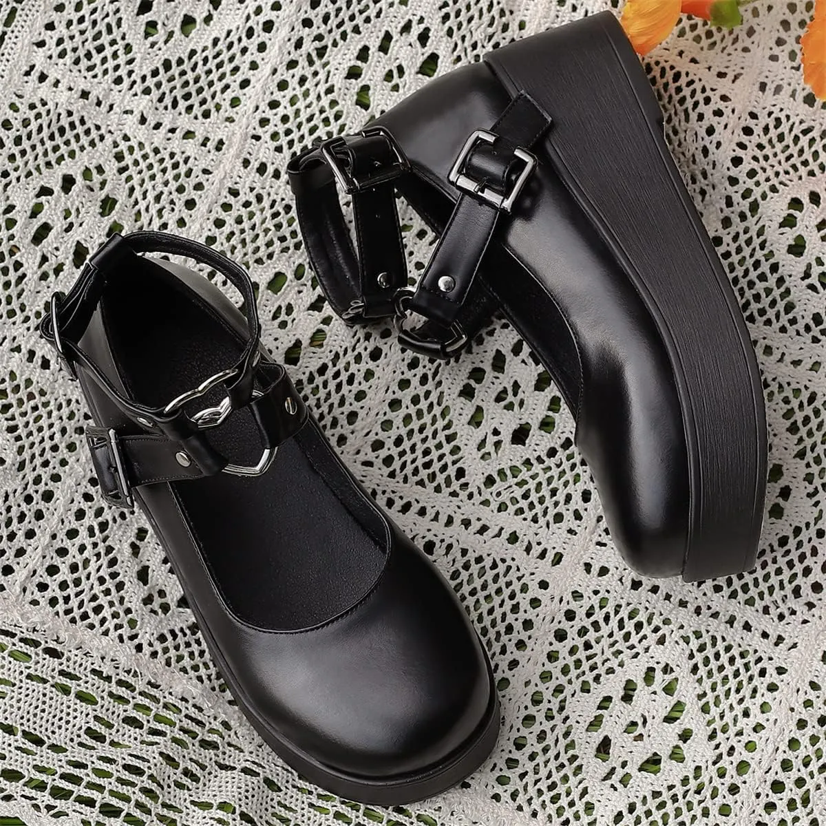 Betastella Women's T Strap Platform Mary Janes Goth Wedge Wingtips Vintage Gothic Shoes