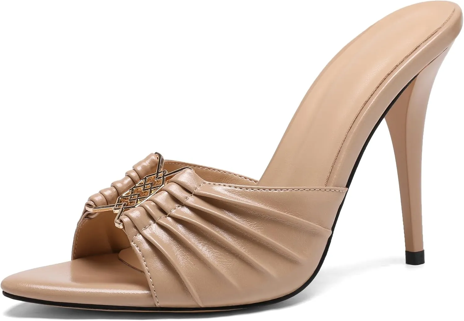 Black Ruched Mules Heels for Women Comfortable Pointed Peep Open Toe Slip on 3 Inch Stiletto High Heels Sandals Sexy Dressy Mules Sandals.