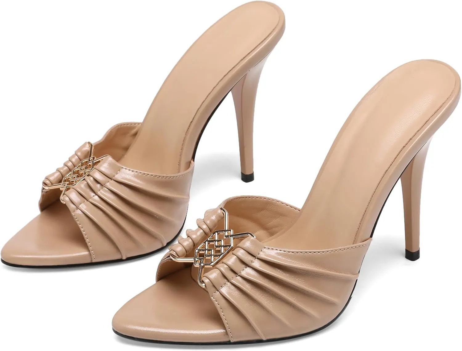 Black Ruched Mules Heels for Women Comfortable Pointed Peep Open Toe Slip on 3 Inch Stiletto High Heels Sandals Sexy Dressy Mules Sandals.