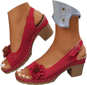 Block Heel Sandals for Women 2025 Open Toe Ankle Strap Chunky High Heels Sandals Shoes Solid Color Hollow Out Floral Decor Summer Fashion Casual Slingback Beach Travel Footwear for Daily Wear