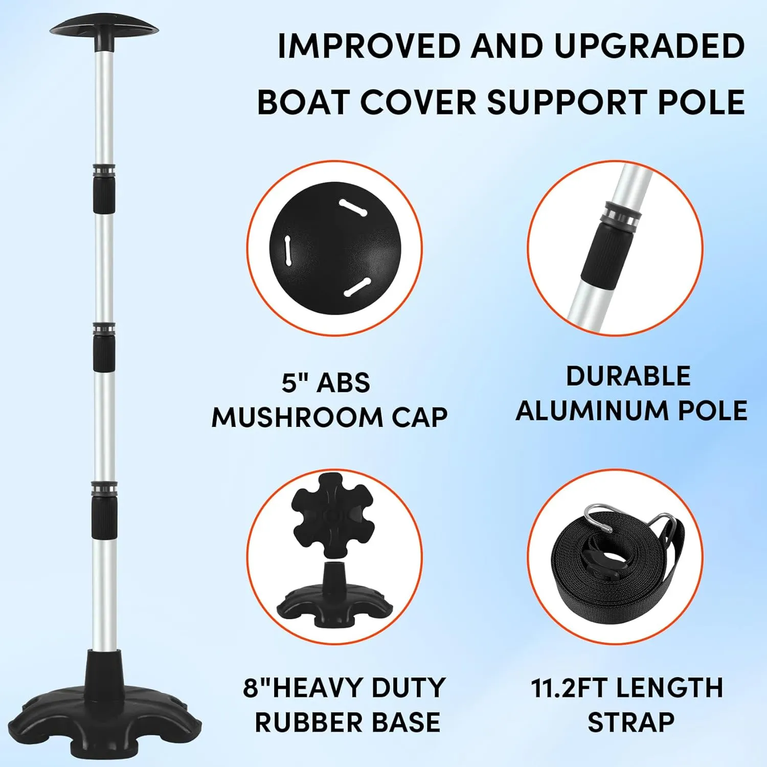 Boat Cover Support Poles 2 Pack,Height Adjustable Aluminum Support Pole with Non-Slip Rubber Base,Boat Cover Support System to Prevent Rain/Snow from Accumulating,Including Webbing Straps (Black)