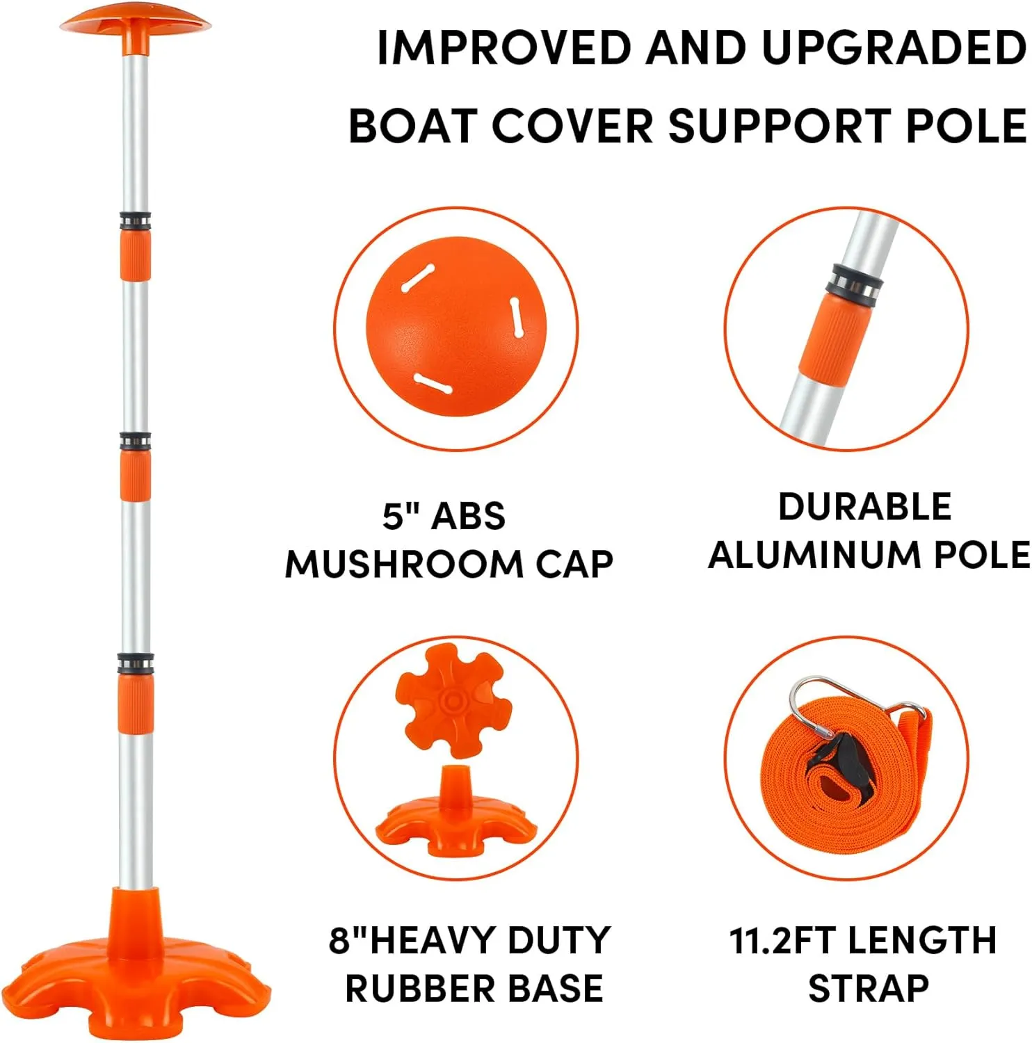 Boat Cover Support Poles 2 Pack,Height Adjustable Aluminum Support Pole with Non-Slip Rubber Base,Boat Cover Support to Prevent Rain/Snow from Accumulating,Including Webbing Straps (Orange)