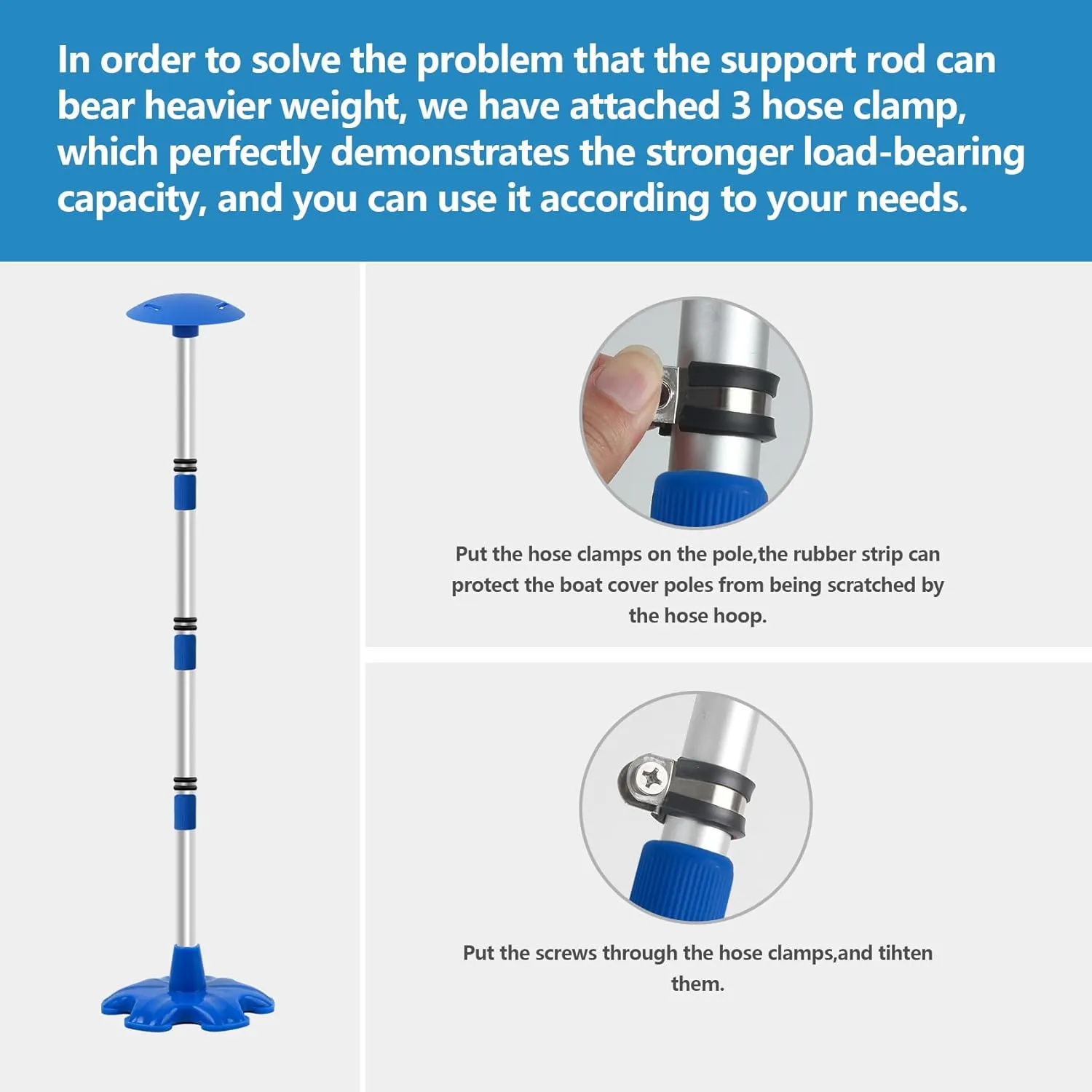 Boat Cover Support Poles Stand 2 Pack with Anti-Slip Rubber Base and Strap, Boat Cover Support System Adjustable Height at Will from 22.6” to 58” - Blue