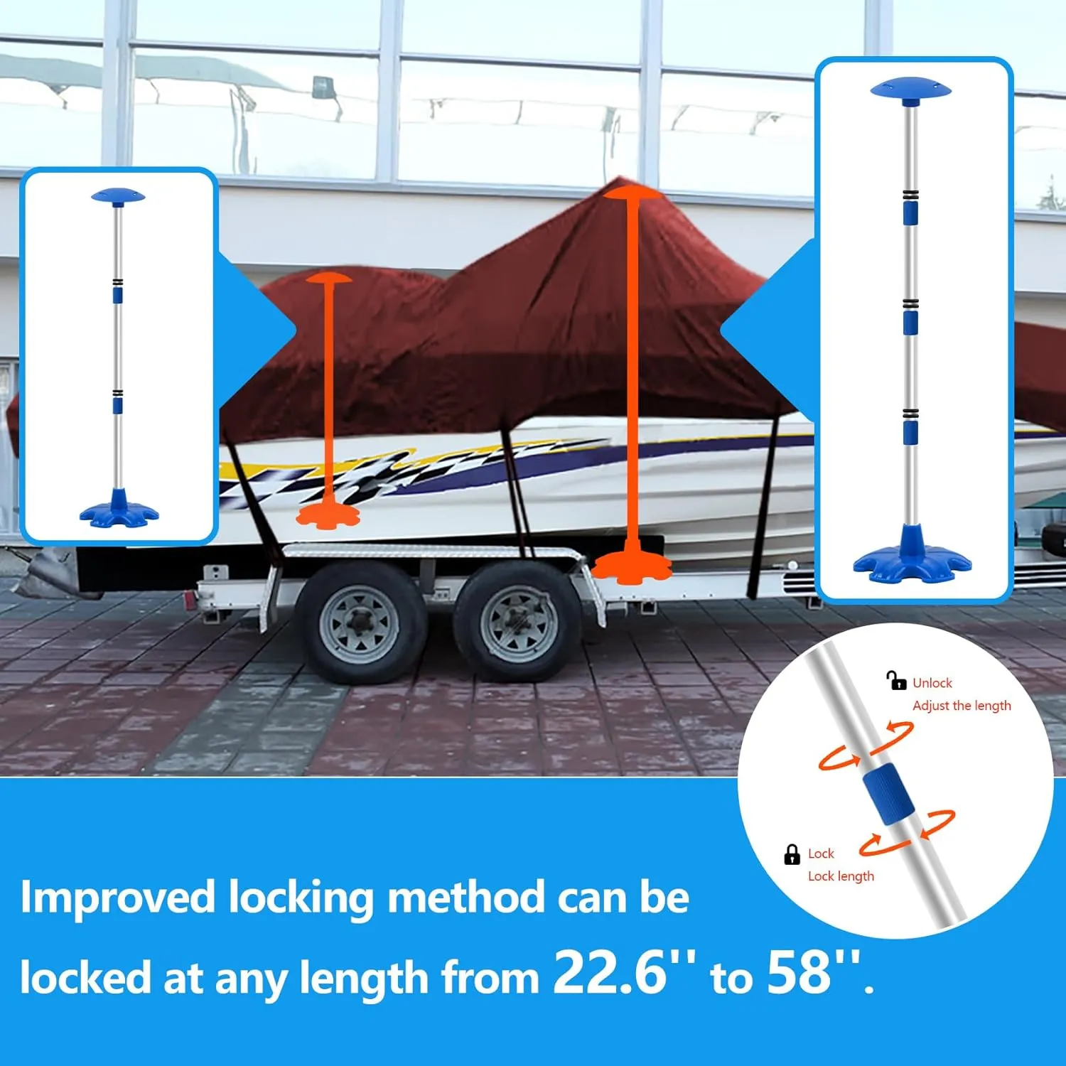 Boat Cover Support Poles Stand 2 Pack with Anti-Slip Rubber Base and Strap, Boat Cover Support System Adjustable Height at Will from 22.6” to 58” - Blue